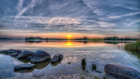 beautiful sunset over a lake hdr - clouds, house, sunset, hdr, lake, rocks