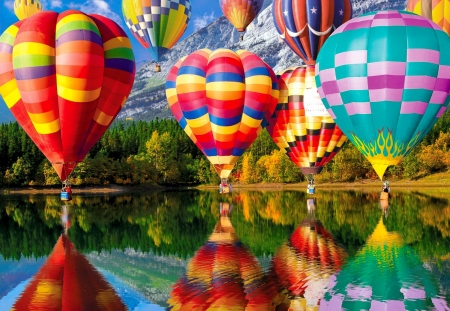 Balloons in flight - trees, summer, beautiful, reflection, colorful, flight, balloons, lake, sky