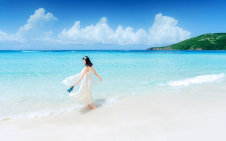 Enjoy your day! - woman, beach, sky, ocean, girl, summer, white, cloud, blue, holiday, sea