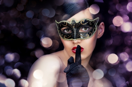 It's a secret! - woman, bokeh, mask, girl, black, model, face, purple, secret, hand, pink