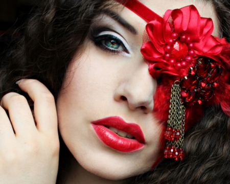 Beauty - girl, flower, jewel, lips, red, woman, gipsy, model, la esmeralda, face