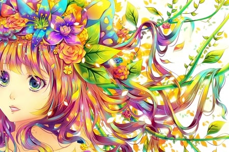 Rainbow girl - colorful, manga, anime, rainbow, girl, flower