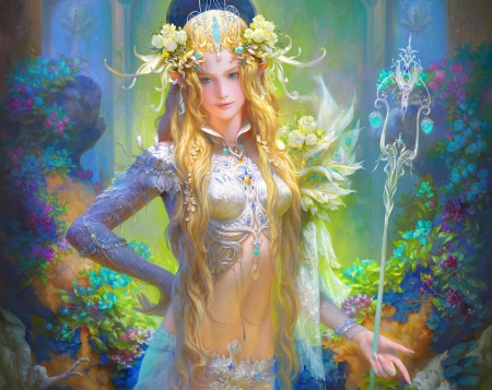 Elf princess - yellow, blue, girl, beauty, elf, fantasy, green, woman, princess, luminos