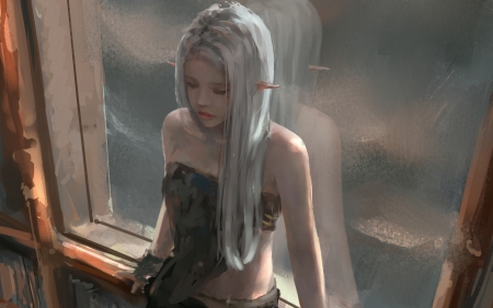 Elf girl - wlop, fantasy, window, elf, girl, woman, art