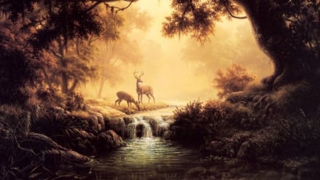 Deer at the Creek - fall, Firefox Persona theme, deer, painting, creek, stream, forest