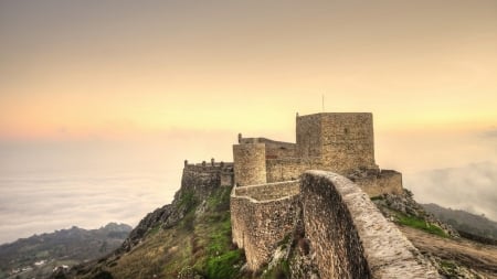 mountaintop medieval ruins - ruins, mountain, clouds, fog, medieval