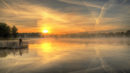 sunrise over a misty lake hdr - pier, lake, couple, misr, hdr, sunrise