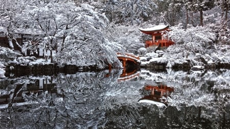 japanes shrine on a lake in winter - oriental, lake, winter, shrine, trees