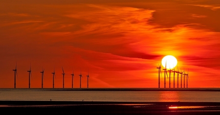 Windmill Electricity at the sunset - sunset, sea, wind, clouds