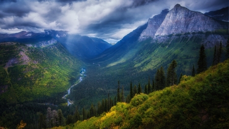 panorama view of a magnificent river valley - clouds, river, forests, fog, mountains, valley