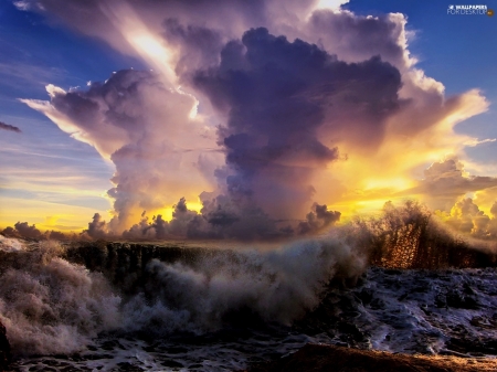 Ocean Waves Splashing - sky, clouds, splash, ocean, nature, waves