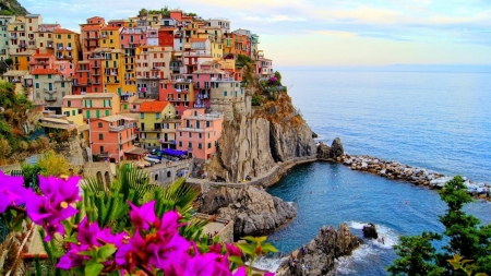 Italy - ocean, houses, mountain, town, italy, monterosso al mare, flowers