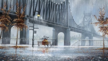 Love in the rain - bridge, couple, umbrella, rain