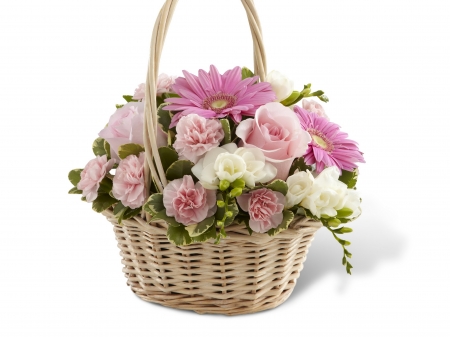 Bunch of Roses - Pink, Basket, Flowers, Roses