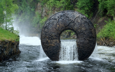 Waterfall Artwork, Norway - river, norway, waterfall, statue