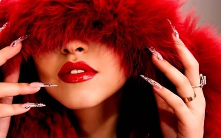 Beauty - fur, lips, hand, woman, red, face