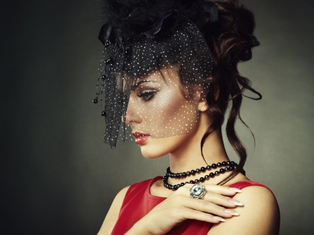 Beauty - hat, girl, jewel, black, hand, red, woman, model, ring, face, viel