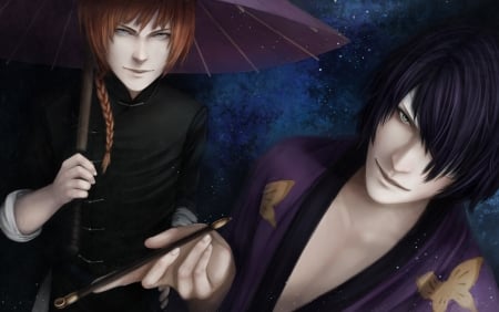 Kamui and Takasugi Shinsuke - gintama, anime, blue, kamui, man, manga, umbrella, purple, Takasugi Shinsuke, couple