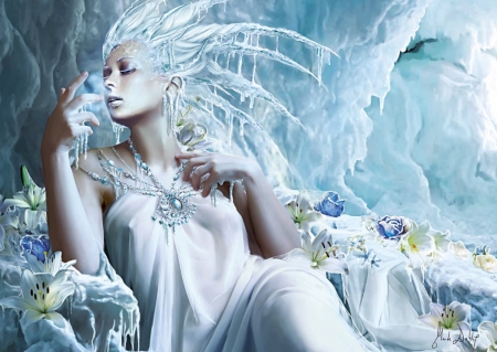 Ice fairy - ice, girl, winter, jewel, fantasy, white, art, luminos, blue, fairy, flower