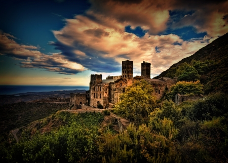 Sant Pere de Rodes, Girona, Spain - sky, monastery, building, landscape, clouds, sunset