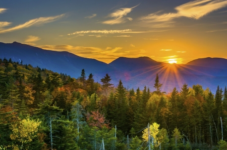 Kancamagus Highway, New Hampshire - sky, mountains, landscape, clouds, trees, sun