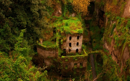 The Old Castle in Gorge - nature, building, mountains, plants, rustic, ruin