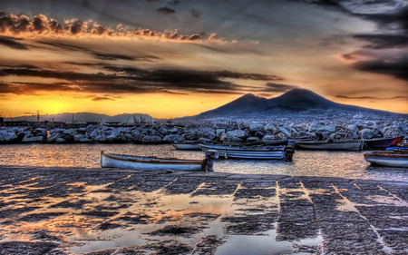 Sunrise In The Port - nature, sky, boats, skies, mountains, sunset, docks, sunrise