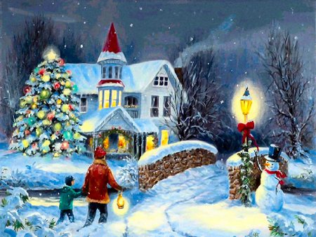 Coming Home To Christmas - children, holiday, tree, house, bridge, christmas