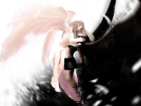 Angels - woman, love, hug, touch, angel, girl, air, wings, black, white, kiss