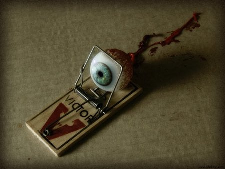 Eye - blood, trap, eyeball, blue, fear, mousetrap, eyes, pain, dark, black, funny, art