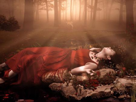 female-fantasy - beauty, woman, sleep, death, passion, forest, girl, red