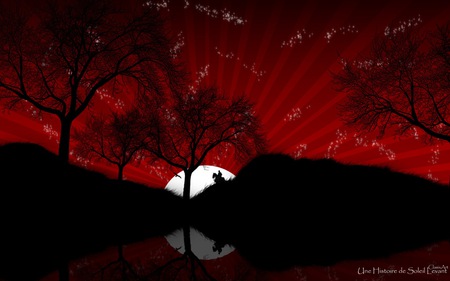 digital art - red, tree, horse, black