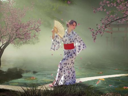 beauty - woman, geisha, sexy, girl, japan, trees, red, flowers