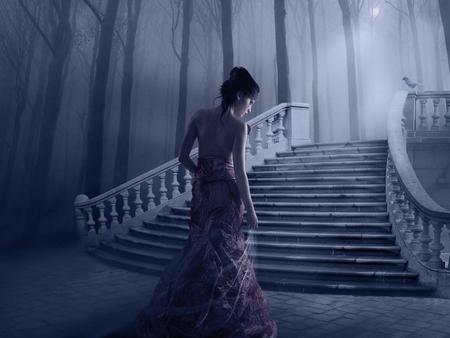 Lady - stairs, beauty, sadness, light, hope, black