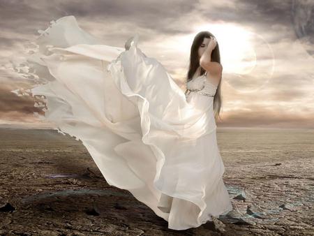 Memories - girls, woman, women, beauty, female, people, photography, veils, sunset, fantasy, wind, white, grey, desert, fear, planet, harmony, silk, girl, peace, light, dream, gown, lonely, romantic, skies, photomix, dress