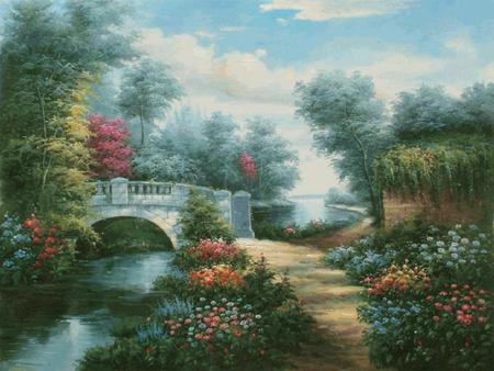 Broadwater Bridge - stone, lake, sky, trees, water, creek, walkway, clouds, tree, flowers, bridge, garden, pond, flower