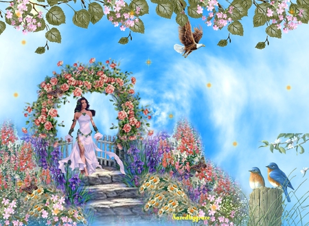 Lady In The Garden - stair, lady, garden, bird, flower