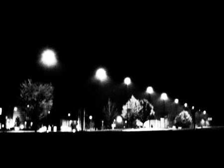 Receeding Lights - trees, dark, parking, night, lot, black and white, lights