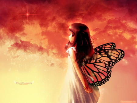 butterfly - butterfly, girl, red, wings, anime