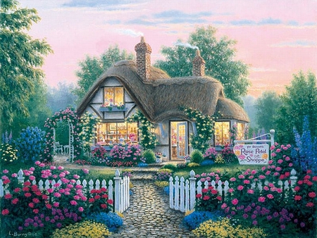 Rose Petal Cottage - cottage, roses, gift shop, rose, cottages, spring, creative pre-made, digital art, architecture, paintings, garden, gate, scenic, gardening, shop, love four seasons, seasons, flowers, drawings, flower, lovely flowers