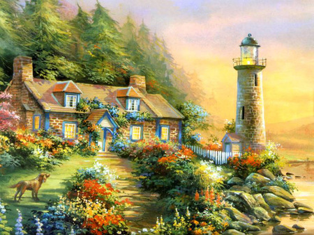 Lighthouse Cottage - cottage, beach, water, light house, sunset, painting, art, artwork, dog, garden, lighthouse, landscape, light, floral, scenery, flowers, sunrise, sea, flower