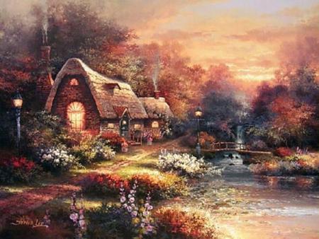 Quite Country - river, pond, painting, lake, spring, art, cottage