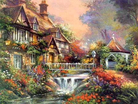 Little Falls Cottage - spring, flower, waterfall, cottage