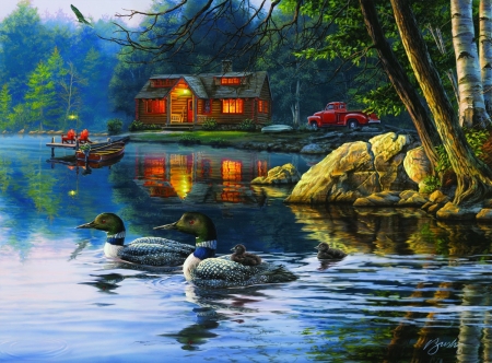 Echo bay - cottage, lake, fishing, peaceful, summer, bay, serenity, painting, ducks, art, reflection, beautiful, cabin, house, dusk