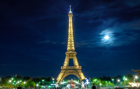 Eiffel Tower under the moonlight - tour eiffel, moon, blue, tower, night, paris, lights, cloud, france, sky, luna