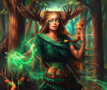 The druidess - sorceress, girl, the druidess, beauty, maria luca, forest, magical, horns, frumusete, fantasy, deer, green, woman, luminos, mara art