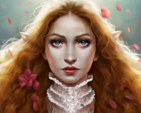 Flower elf - beauty, woman, redhead, girl, flower elf, blue eyes, frumusete, melissa brouwer, fantasy, face, art, pink, portrait, luminos, petals