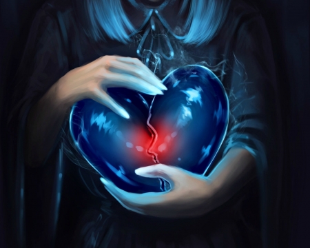 Frozen heart - frozen heart, blue, black, fantasy, hand, red, ayyasap, art, luminos