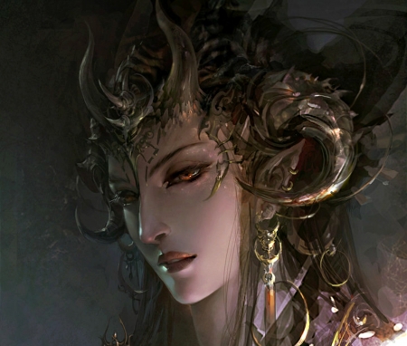 Diviner - woman, girl, fantasy, diviner, horns, face, sorceress, art, luminos, hgjart