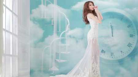 Heavenly Day - stairs, wedding dress, patty lai, window, clouds, clock, steps, staircase, brunette, dress